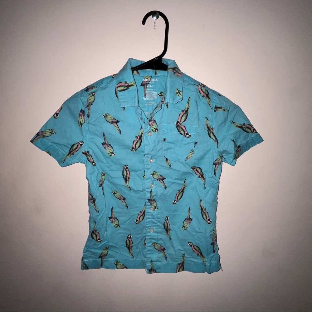 Kids boys children Arizona Jean Company Blue Parrot Print Shirt